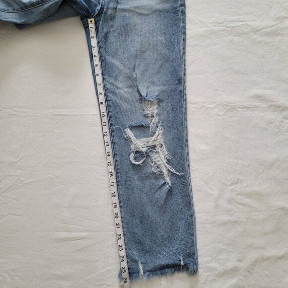 SO High Rise Baggy Straight Jeans Distressed Ripped Raw Hem Medium Wash Denim 5 - Picture 10 of 13
